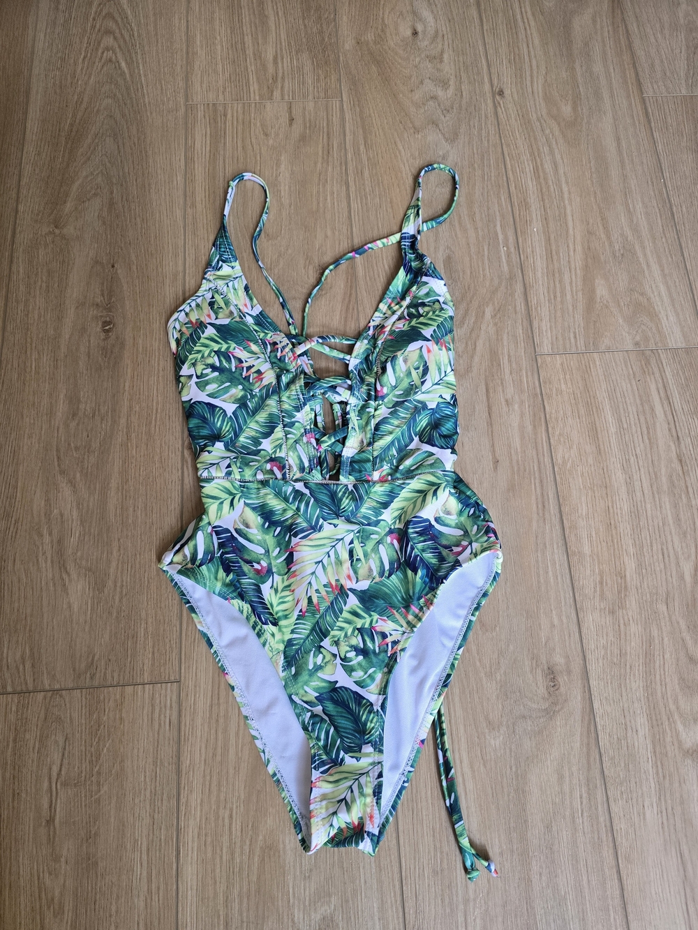 XOXO Green Tropical Leaf Lace-Up One-Piece Swimsuit